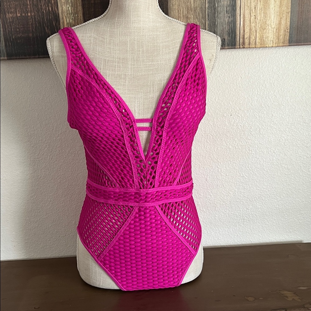 BECCA Hot Pink Mesh One-Piece Swimsuit